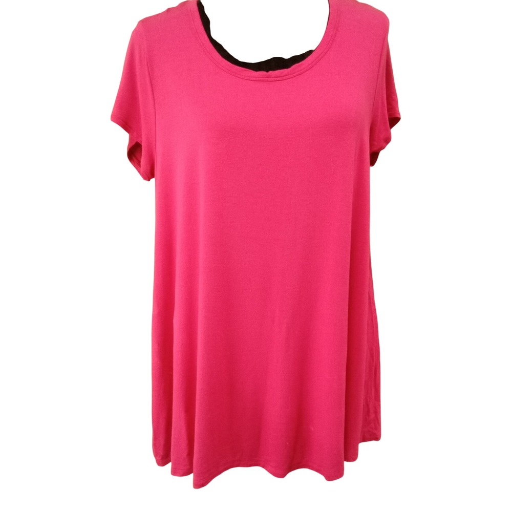 Ellen Tracy Top MED Fuchsia Pink Mixed Media Sheer Back Stretch Short‎ Sl Tunic
